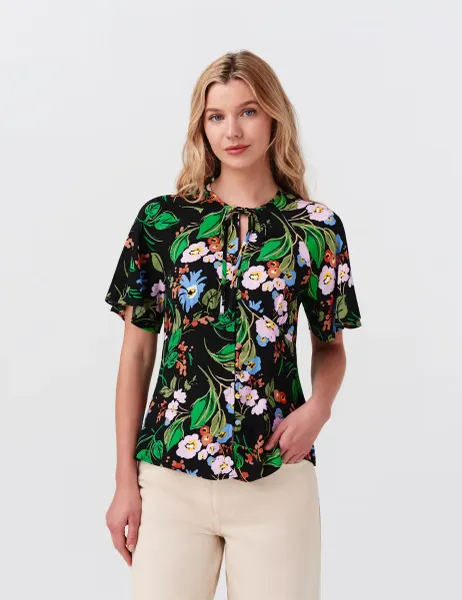 Ghost Crepe Floral Tie Neck Angel Sleeve Top Black Mix