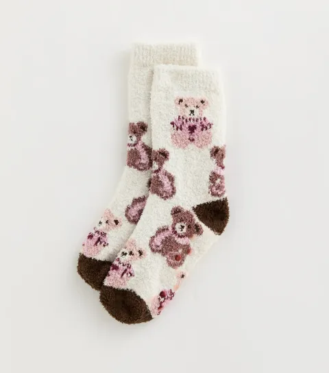 New Look Girls' Cream Fluffy Teddy Bear Patterned Ankle Socks