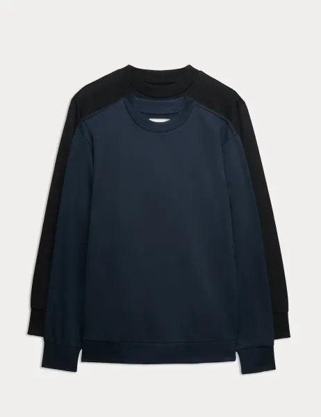 Marks & Spencer 2 Pack Cotton Rich Crew Neck Sweatshirts Navy Mix