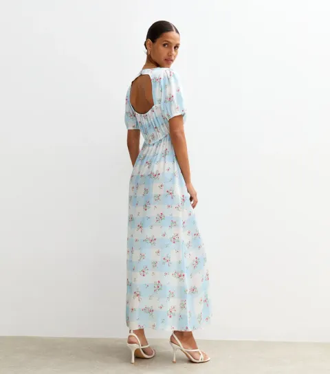 Women's Blue Checked Floral Print Satin Midi Dress