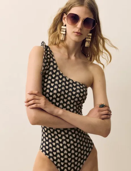 Per Una Printed Padded One Shoulder Swimsuit Black Mix