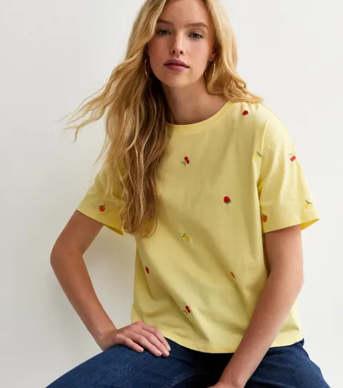 Women's Yellow Cotton Boxy Embroidered Fruit T-Shirt