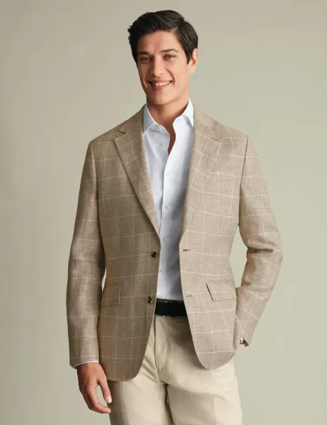 Charles Tyrwhitt Slim Fit Pure Linen Check Suit Jacket Camel Mix