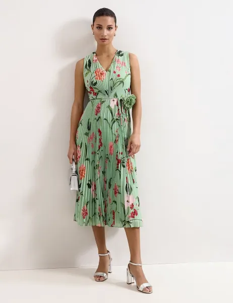 Phase Eight Floral Pleated V-Neck Midi Skater Dress Green Mix