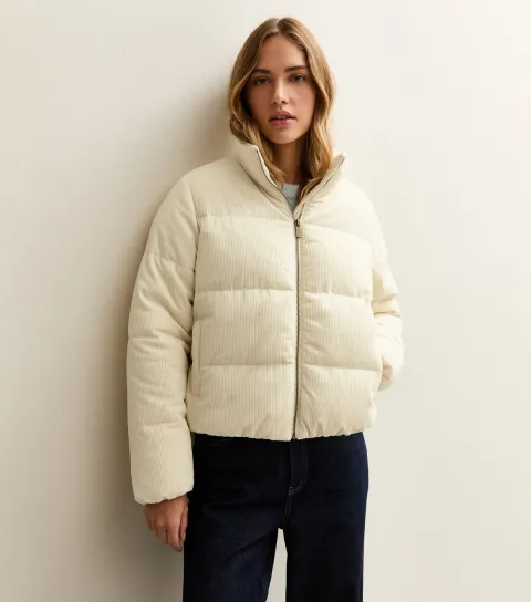 New Look Women's Cream Corduroy Cropped Puffer Jacket