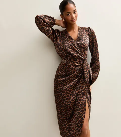 Women's Brown Satin Animal Print Wrap Midi Dress
