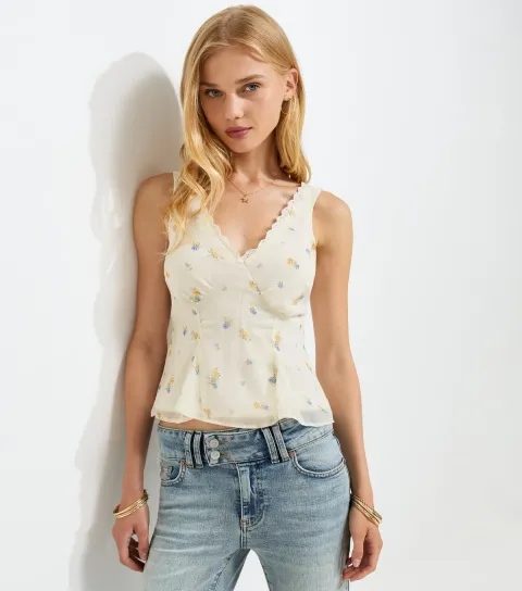 Women's Cream Floral Chiffon Shell Top