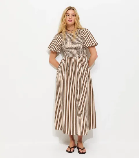 Women's Brown Striped Puff Sleeves Shirred Smock Midi Dress