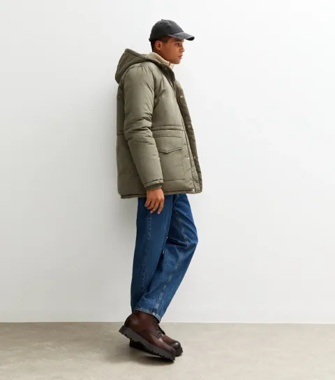 Men's Light Khaki Regular Fit Padded Parka Coat