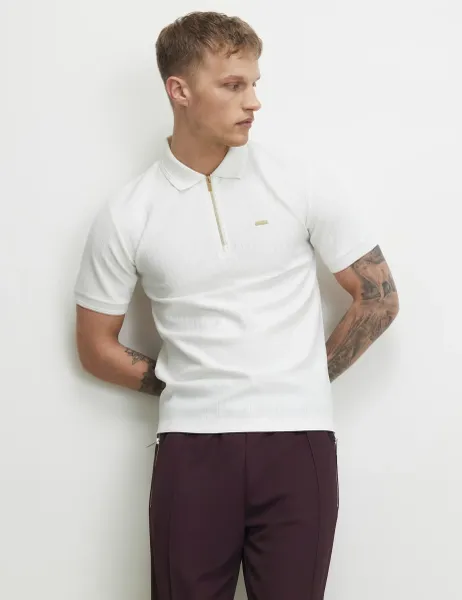 River Island Textured Half Zip Knitted Polo Shirt White