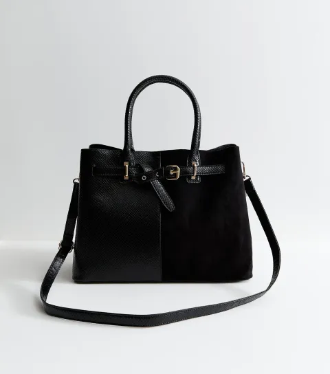 Black Snake Embossed Faux Leather Belted Tote Bag Vegan