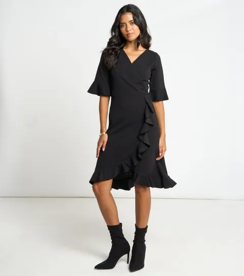 Apricot Women's Black Flutter Sleeve Ruffle Trim Mini Dress