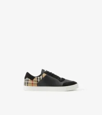 Leather, Suede and Check Sneakers in Black/archive beige