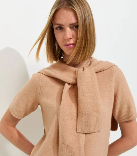Women's Camel Brushed Knit Scarf Detail Short Sleeve Top