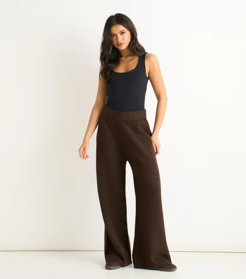 Women's Dark Brown Brushed Knit Wide Leg Trousers