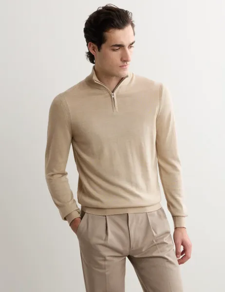 Jaeger Merino Wool with Silk Half Zip Jumper Beige