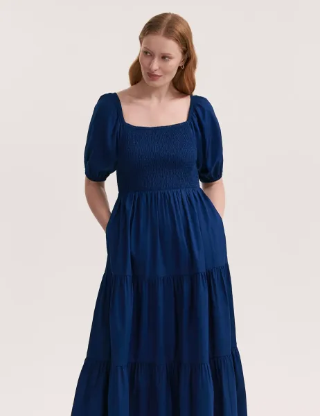Finery London Pure Cotton Textured Midi Tiered Dress Indigo