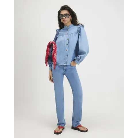 River Island Denim Long Sleeve Ruffle Shirt
