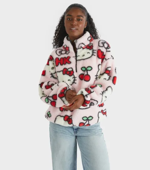 Women's Pink Hello Kitty Cherry Pattern Longline Fleece