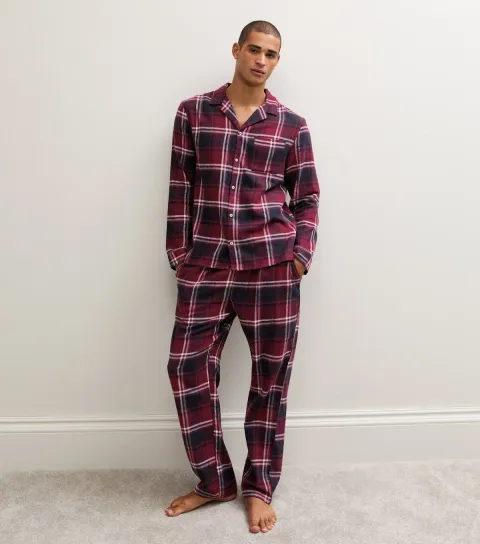 New Look Men's Red Cotton Long Sleeve Revere Check Pyjama Set