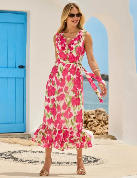 SOSANDAR Floral Ruffle Hem Midaxi Wrap Dress Pink Mix