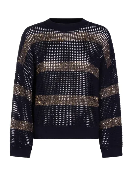 Sequin-Embellished Open-Knit Sweater Navy