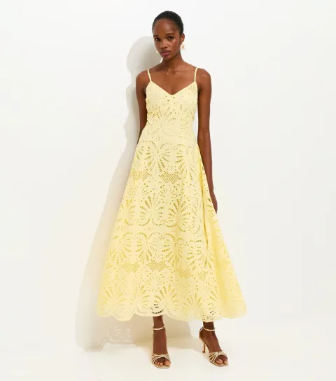 Women's Yellow Cutwork Strappy Midi Dress