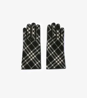 Check Wool Cashmere Gloves in Black/calico white