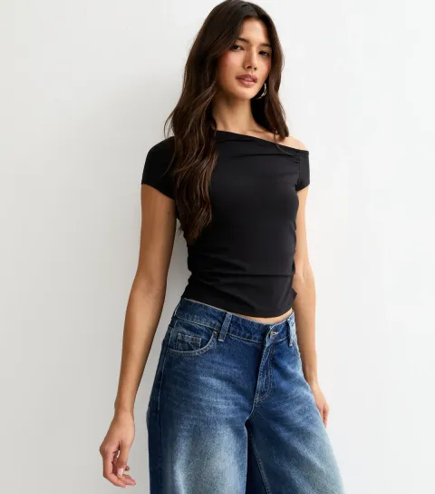 Women's Black Slinky Off Shoulder Gathered Side Top