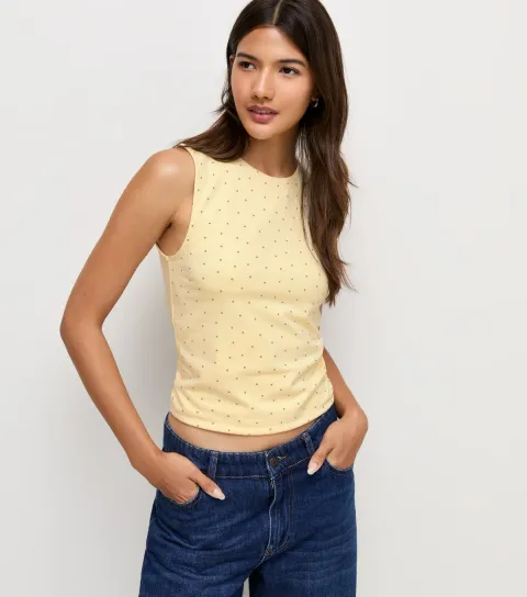 Women's Yellow Cotton Rich Polka Dot Sleeveless Tank Top
