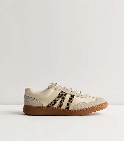 Women's Stone Leopard Trim Panelled Faux Leather Trainers Vegan