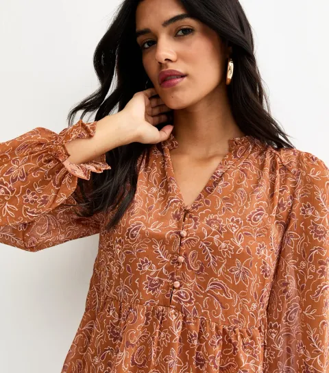 Women's Brown Paisley Chiffon Buttoned Peplum Blouse