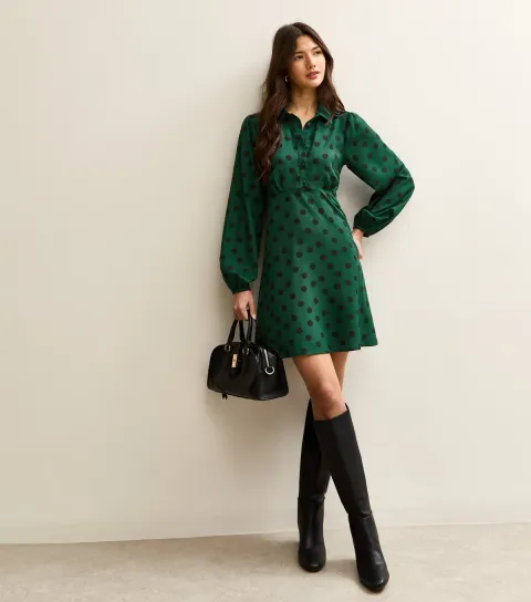 Women's Bright Green Polka Dot Long Sleeve Mini Shirt Dress