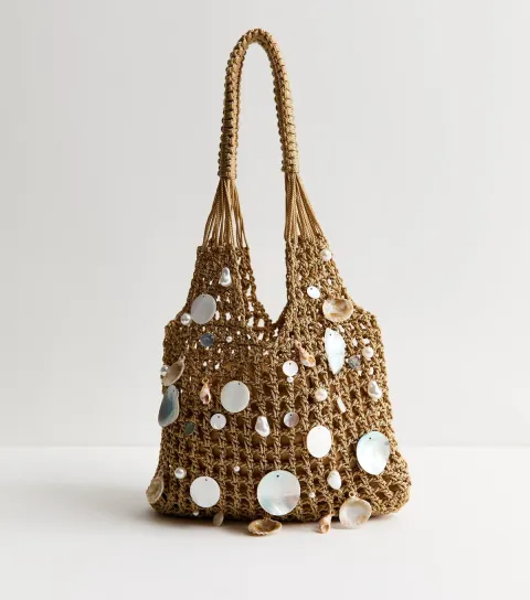 Stone Woven Shell Embellished Grab Bag