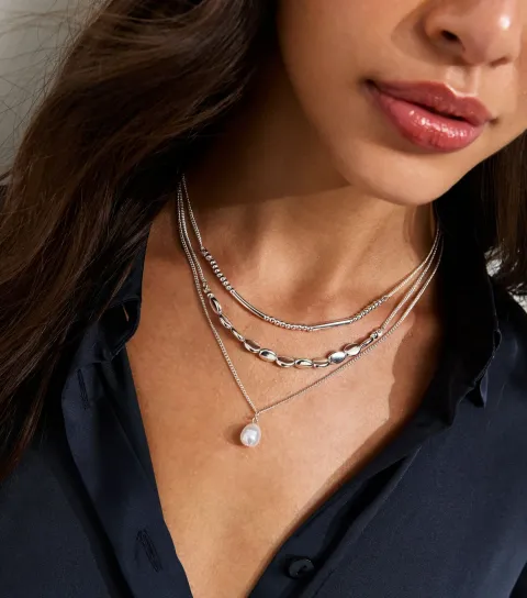 Silver Tone Triple Layer Beaded Faux Pearl Necklace