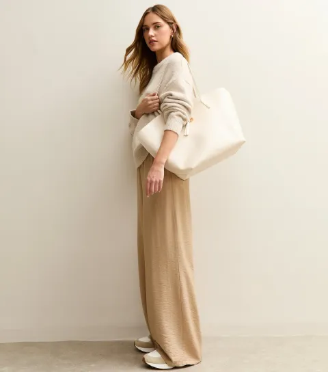 Women's Camel Drawstring Waist Wide Leg Trousers