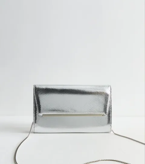 New Look Silver Faux Leather Lizard Texture Metallic Bar Clutch