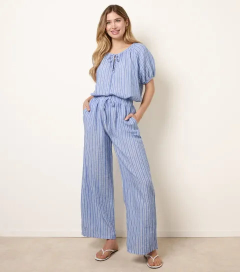 Women's Blue Tie Stripe Wide Leg Trousers