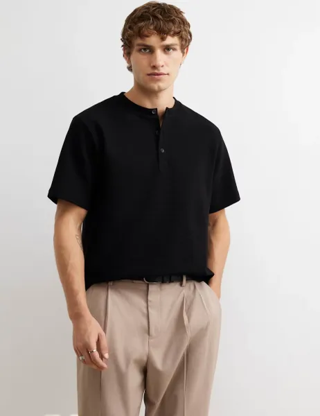 Cotton Blend Henley Short Sleeve T-Shirt Black