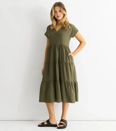 Women's Khaki Tiered Midi Smock Dress