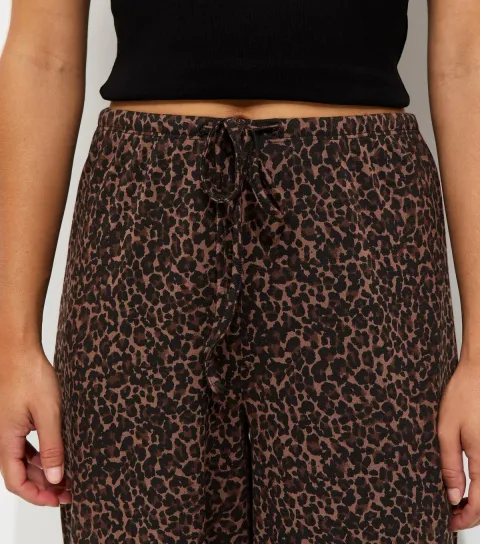 Women's Petite Brown Cotton Rich Leopard Print Wide Leg Trousers