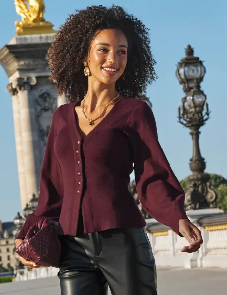 Cinched Waist Rib Knit Cardigan Burgundy