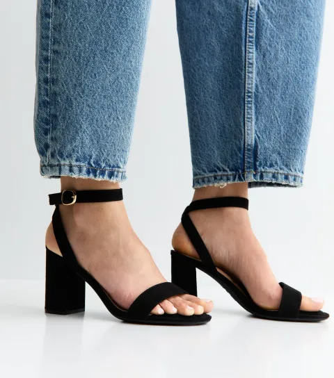 Women's Wide Fit Black Faux Suede Single Strap Sandals Vegan