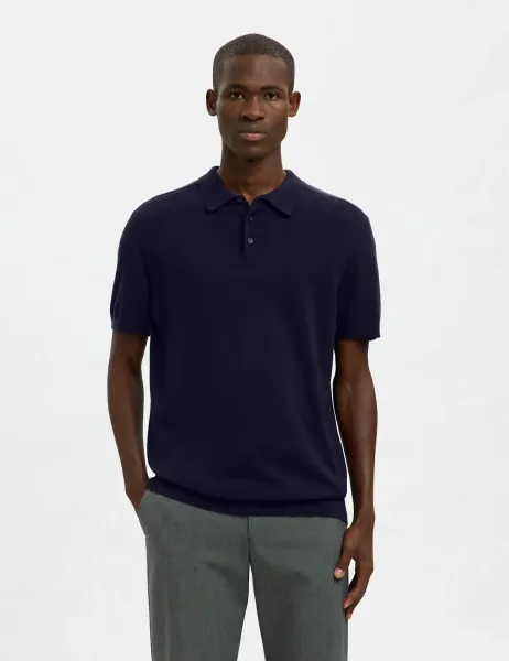 Selected Pure Cotton Knitted Polo Shirt Navy