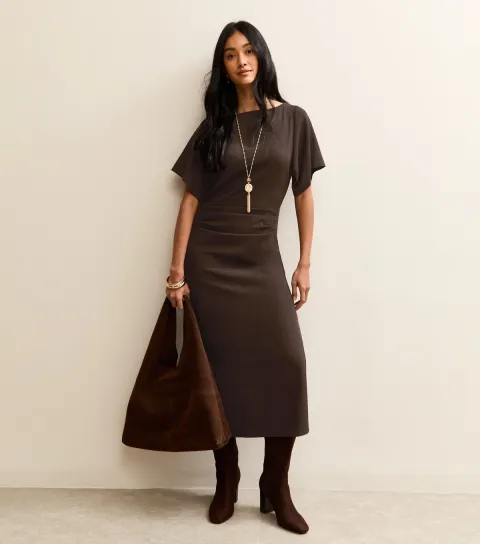 New Look Women's Dark Brown Ruched Waist Short Sleeve Midi Dress
