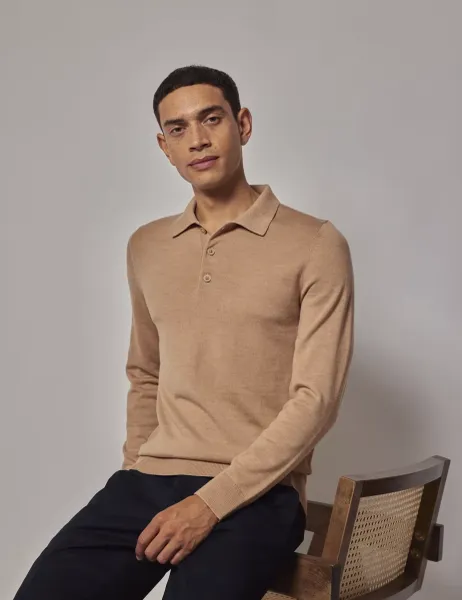 Hawes & Curtis Pure Wool Long Sleeve Polo Shirt Camel