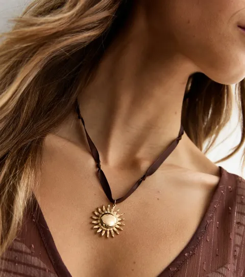 Brown Sun Pendant Satin Rope Necklace