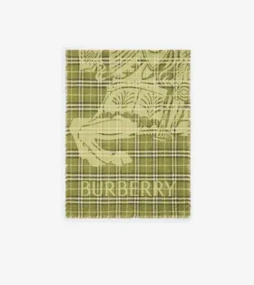 Wide Knight Check Wool Silk Scarf in Pea green