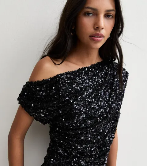 New Look Women's Navy Sequin Embellished Fallen Shoulder Top