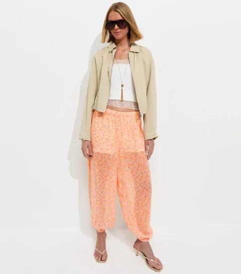 Women's Pink Ditsy Chiffon Cuffed Trousers